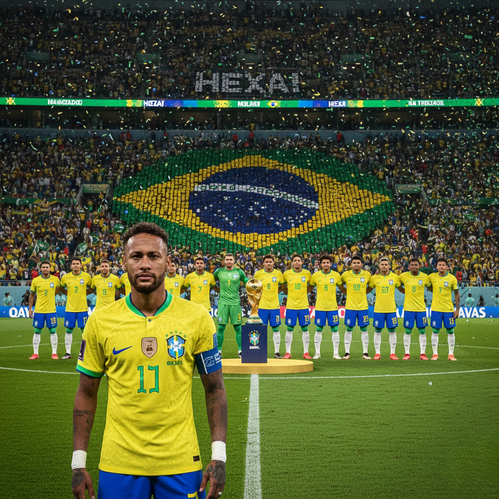 Seleção Brasileira Posando para foto Seleção Brasileira posada em campo com estádio lotado ao fundo, mosaico da bandeira do Brasil nas arquibancadas e Neymar à frente da equipe durante celebração de título.