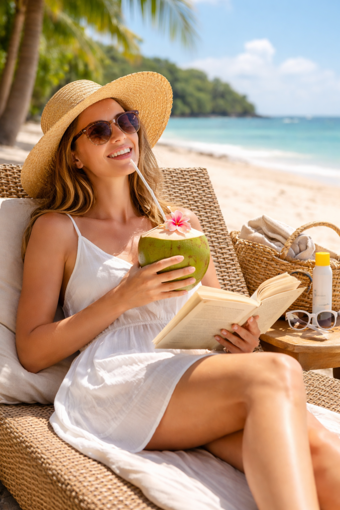 “Pessoa relaxando em uma praia durante período de folga, simbolizando descanso e aproveitamento dos feriados e dias livres.”